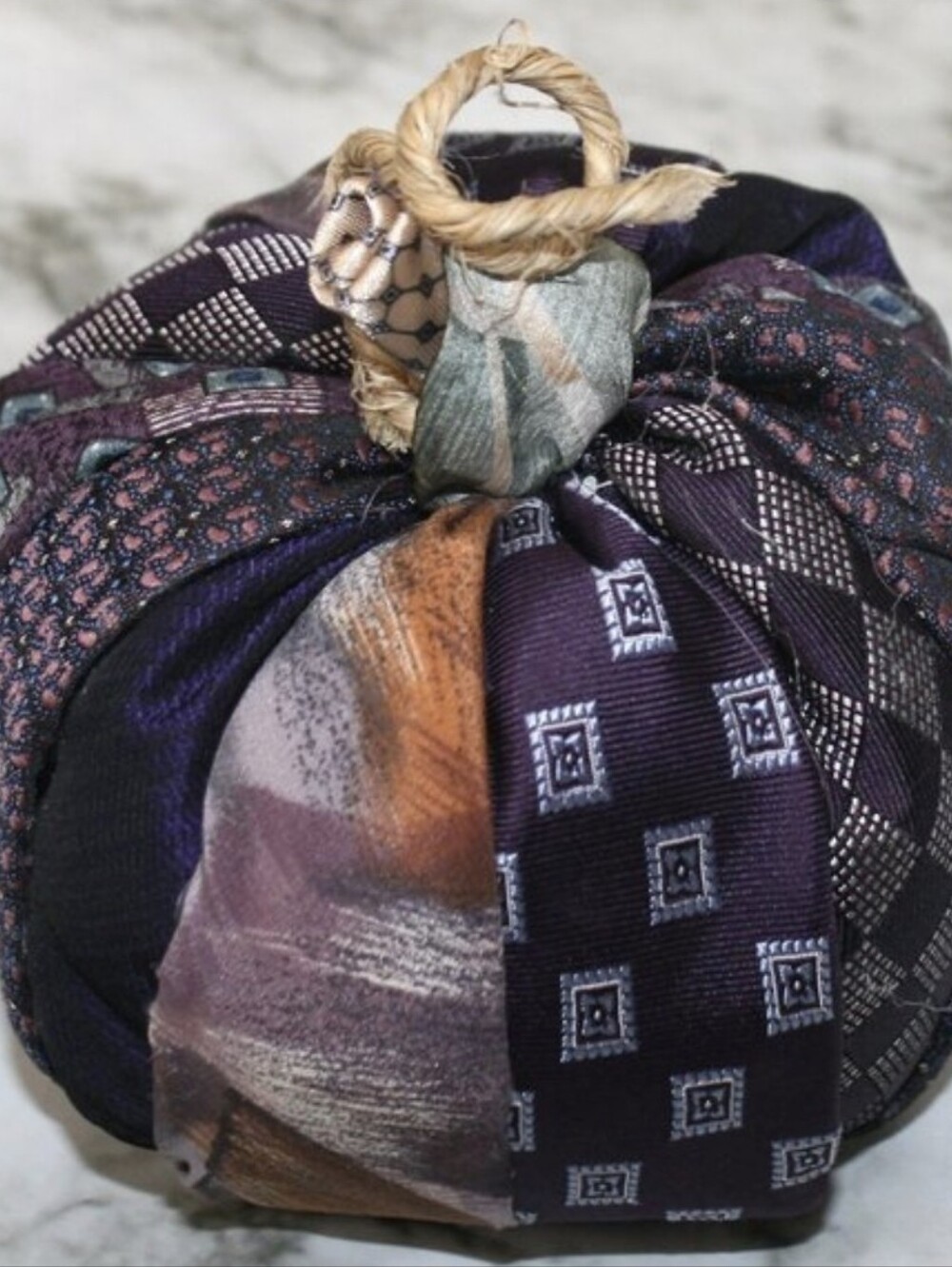 HAND CRAFTED Purple Pumpkin Fall Holiday Upcycled Neck Ties Silk Stuffed Decor